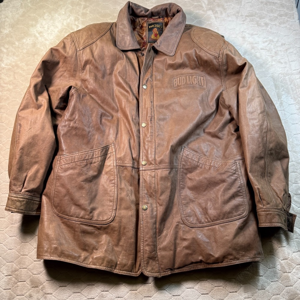 VTG Phase3‎ Aviator Leather Bomber Jacket Mens XL Bud Light Branded See Pics